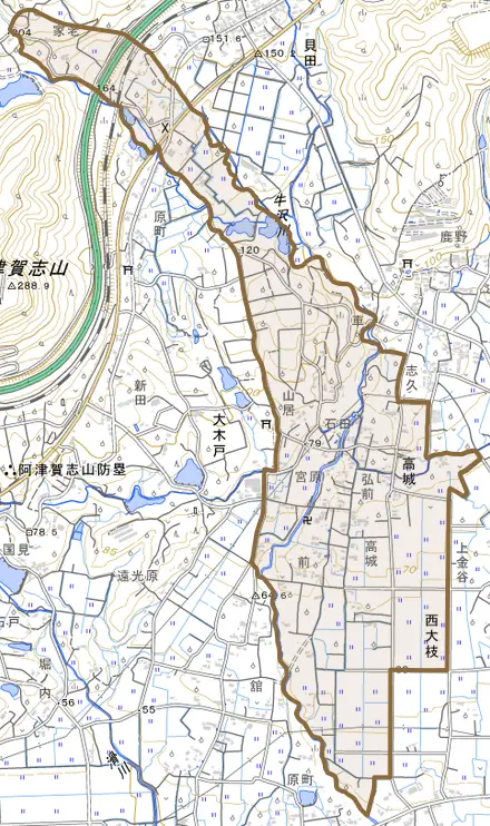 大字高城とその周辺の地図。町の範囲を重ねている