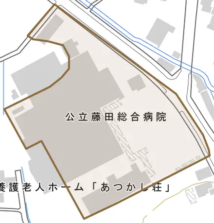 大字塚野目とその周辺の地図。町の範囲を重ねている