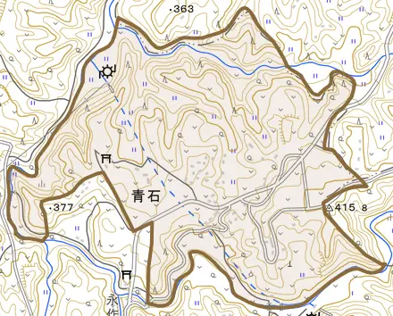 大字青石とその周辺の地図。町の範囲を重ねている