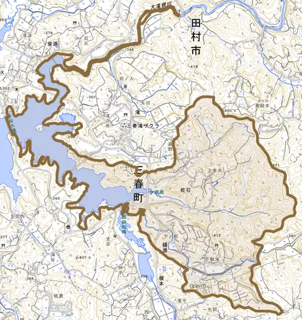 大字蛇石とその周辺の地図。町の範囲を重ねている