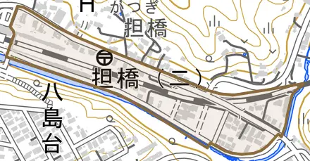 担橋とその周辺の地図。町の範囲を重ねている
