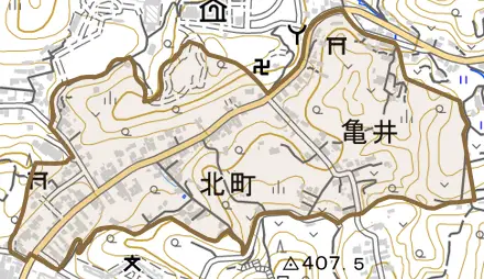字北町とその周辺の地図。町の範囲を重ねている