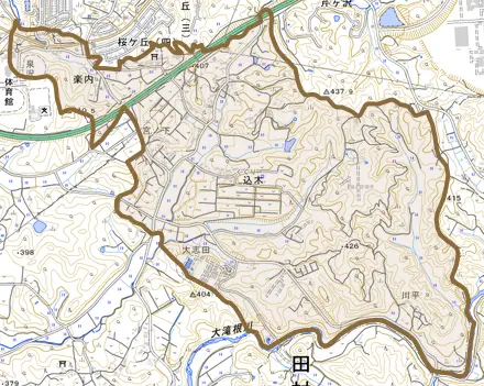 大字込木とその周辺の地図。町の範囲を重ねている