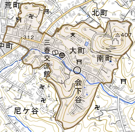 字大町とその周辺の地図。町の範囲を重ねている