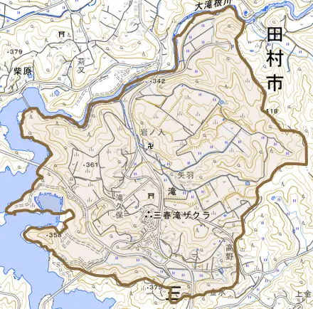 大字滝とその周辺の地図。町の範囲を重ねている