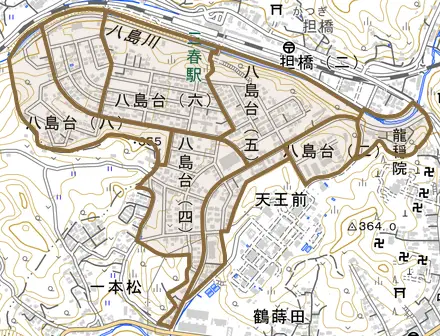 八島台とその周辺の地図。町の範囲を重ねている