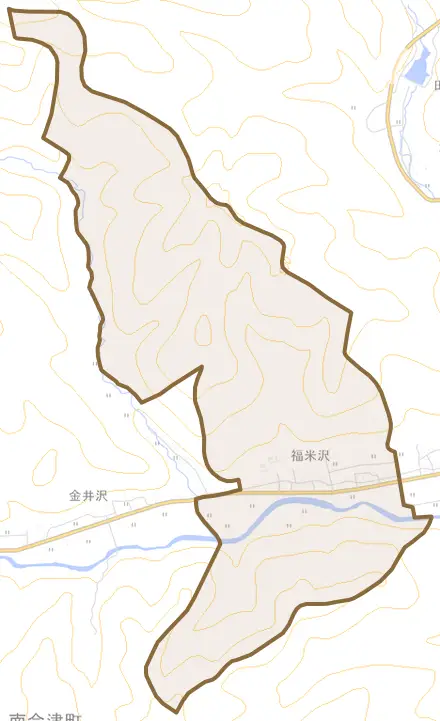 福米沢とその周辺の地図。町の範囲を重ねている