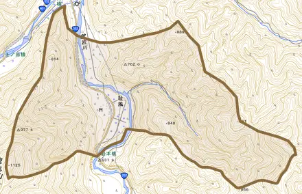 耻風とその周辺の地図。町の範囲を重ねている