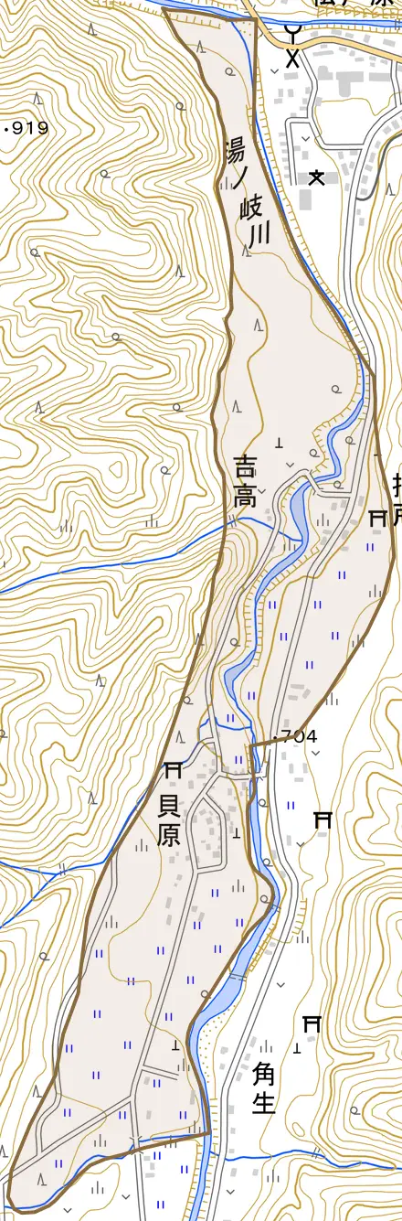 貝原とその周辺の地図。町の範囲を重ねている