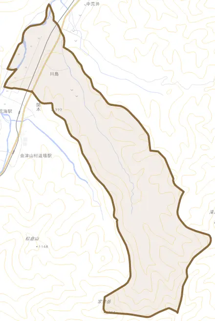 川島とその周辺の地図。町の範囲を重ねている