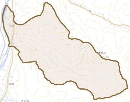 木伏とその周辺の地図。町の範囲を重ねている