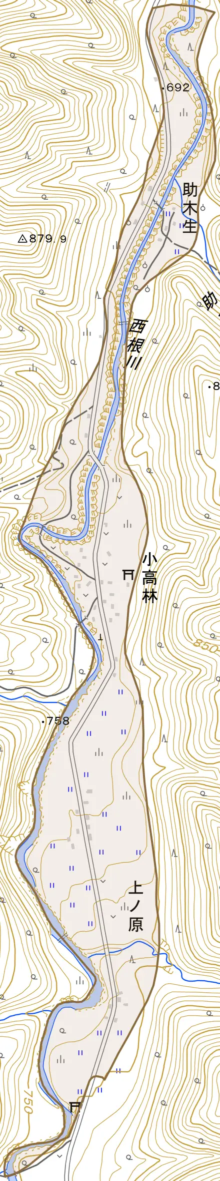 小高林とその周辺の地図。町の範囲を重ねている