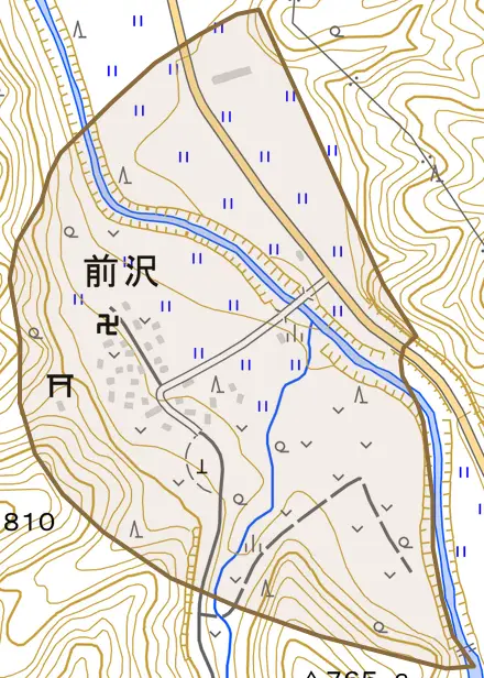 前沢とその周辺の地図。町の範囲を重ねている