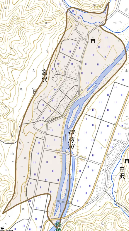宮沢とその周辺の地図。町の範囲を重ねている