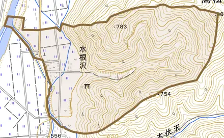 水根沢とその周辺の地図。町の範囲を重ねている