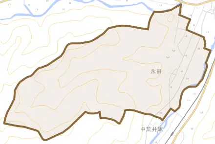 永田とその周辺の地図。町の範囲を重ねている