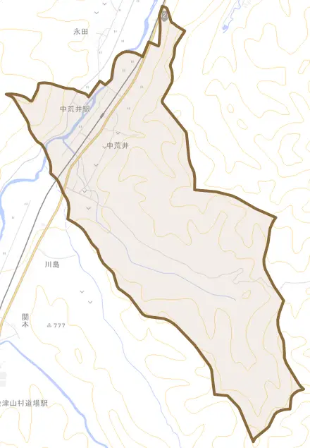 中荒井とその周辺の地図。町の範囲を重ねている