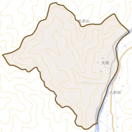 大橋とその周辺の地図。町の範囲を重ねている