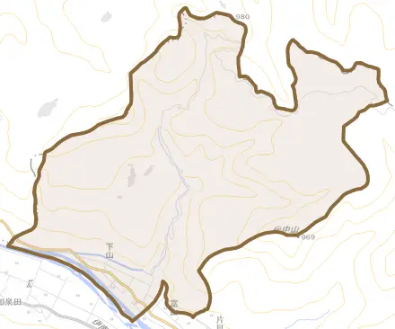 下山とその周辺の地図。町の範囲を重ねている