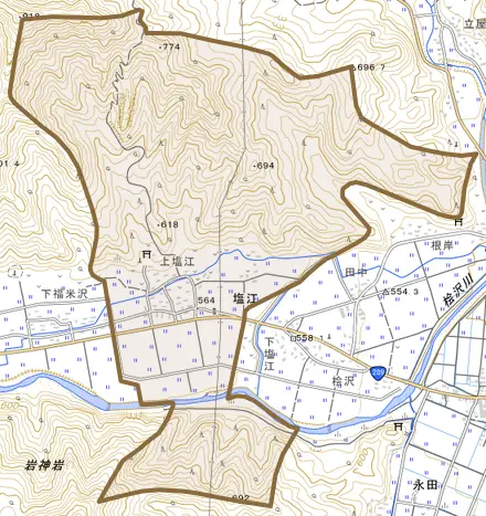 塩江とその周辺の地図。町の範囲を重ねている