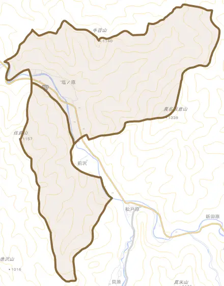 塩ノ原とその周辺の地図。町の範囲を重ねている