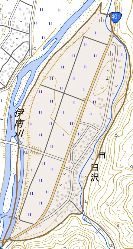 白沢とその周辺の地図。町の範囲を重ねている