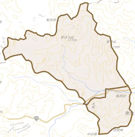 静川とその周辺の地図。町の範囲を重ねている
