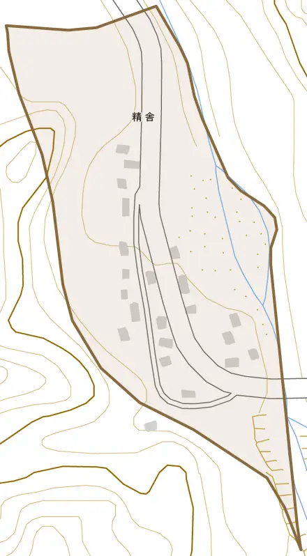 精舎とその周辺の地図。町の範囲を重ねている