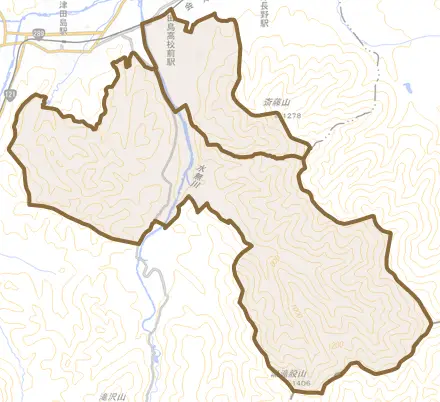 田島とその周辺の地図。町の範囲を重ねている