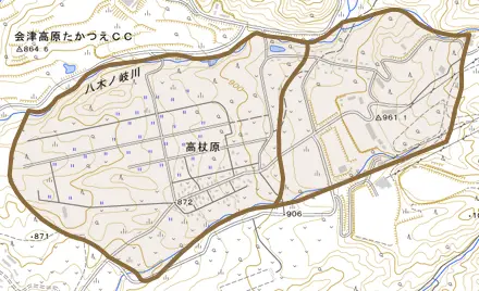 高杖原とその周辺の地図。町の範囲を重ねている
