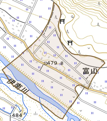富山とその周辺の地図。町の範囲を重ねている