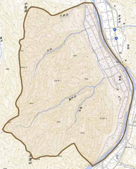 鴇巣とその周辺の地図。町の範囲を重ねている