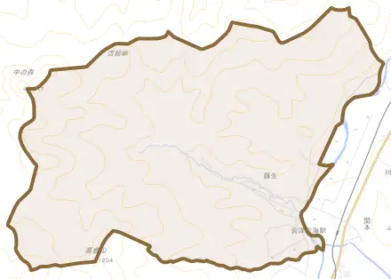 藤生とその周辺の地図。町の範囲を重ねている