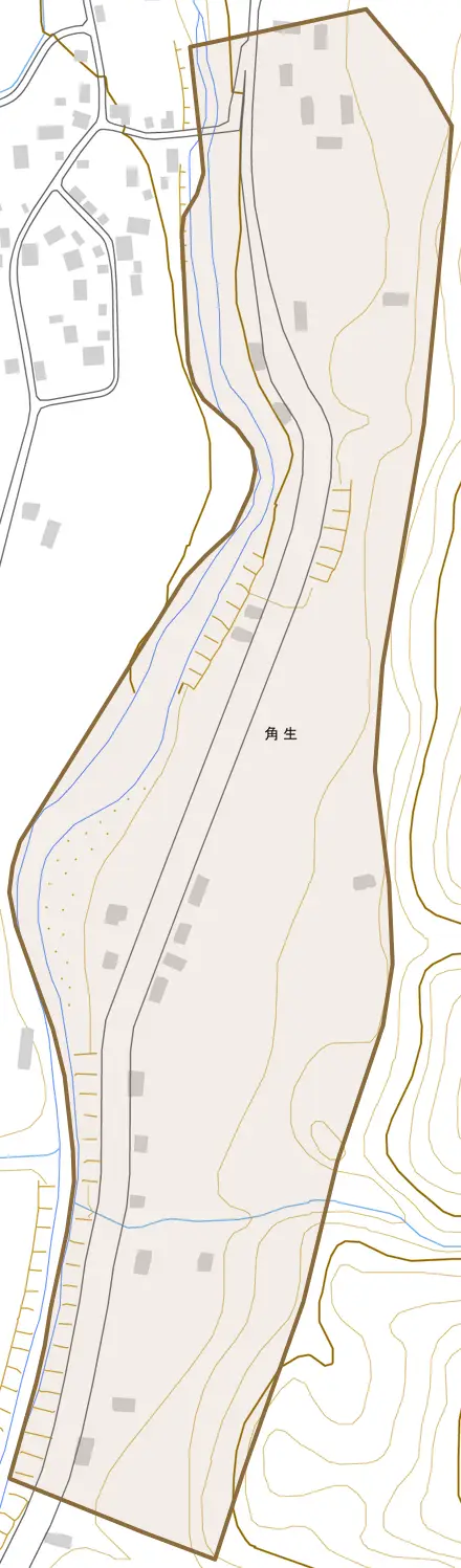 角生とその周辺の地図。町の範囲を重ねている