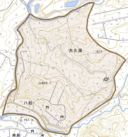 八総とその周辺の地図。町の範囲を重ねている