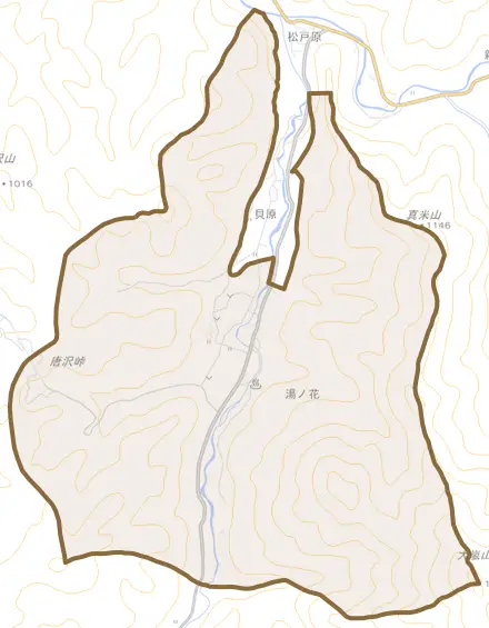 湯ノ花とその周辺の地図。町の範囲を重ねている