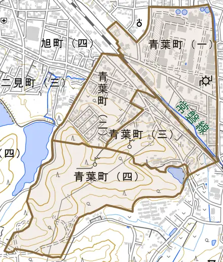 原町区青葉町とその周辺の地図。町の範囲を重ねている