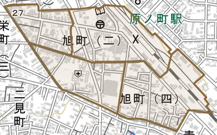 原町区旭町とその周辺の地図。町の範囲を重ねている