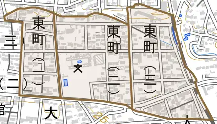 原町区東町とその周辺の地図。町の範囲を重ねている