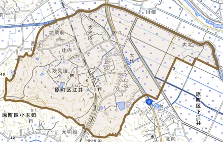 原町区江井とその周辺の地図。町の範囲を重ねている