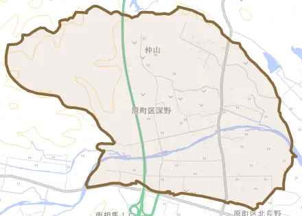 原町区深野とその周辺の地図。町の範囲を重ねている