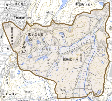 原町区牛来とその周辺の地図。町の範囲を重ねている