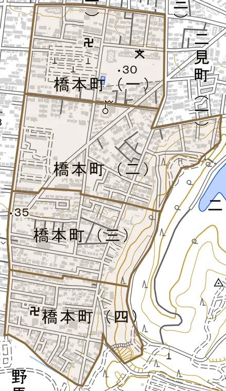 原町区橋本町とその周辺の地図。町の範囲を重ねている