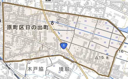 原町区日の出町とその周辺の地図。町の範囲を重ねている