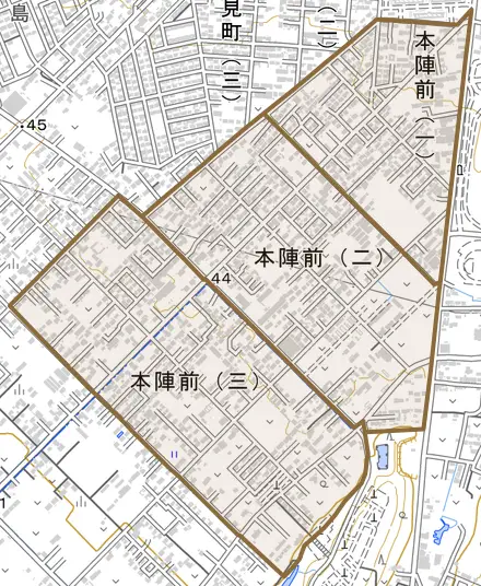 原町区本陣前とその周辺の地図。町の範囲を重ねている