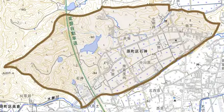原町区石神とその周辺の地図。町の範囲を重ねている