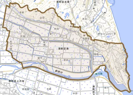 原町区泉とその周辺の地図。町の範囲を重ねている