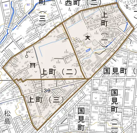 原町区上町とその周辺の地図。町の範囲を重ねている