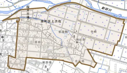 原町区上渋佐とその周辺の地図。町の範囲を重ねている