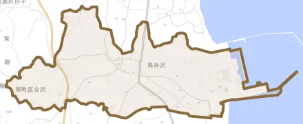 原町区金沢とその周辺の地図。町の範囲を重ねている